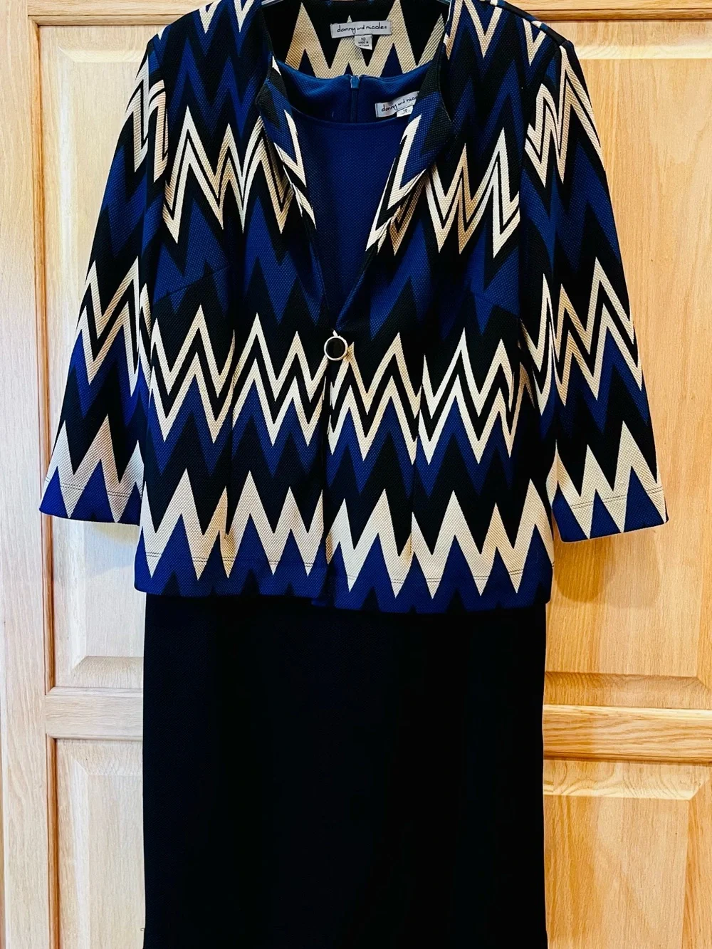 Danny & Nicole Blue, Black and Cream Chevron Sleeveless Dress and Jacket Set.